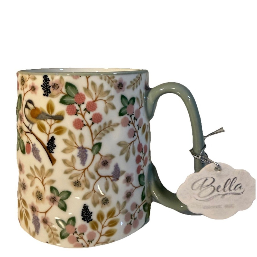 Bella | 12 oz | Floral Multicolor | Bird Botanical Ceramic Coffee Mug Green Hand